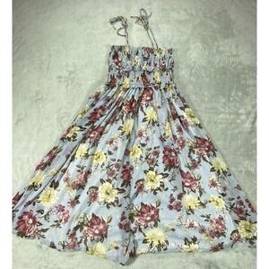 En Saison Maxi Dress Womens Small Blue Floral Chiffon Smocked Ruffle Tie Strap